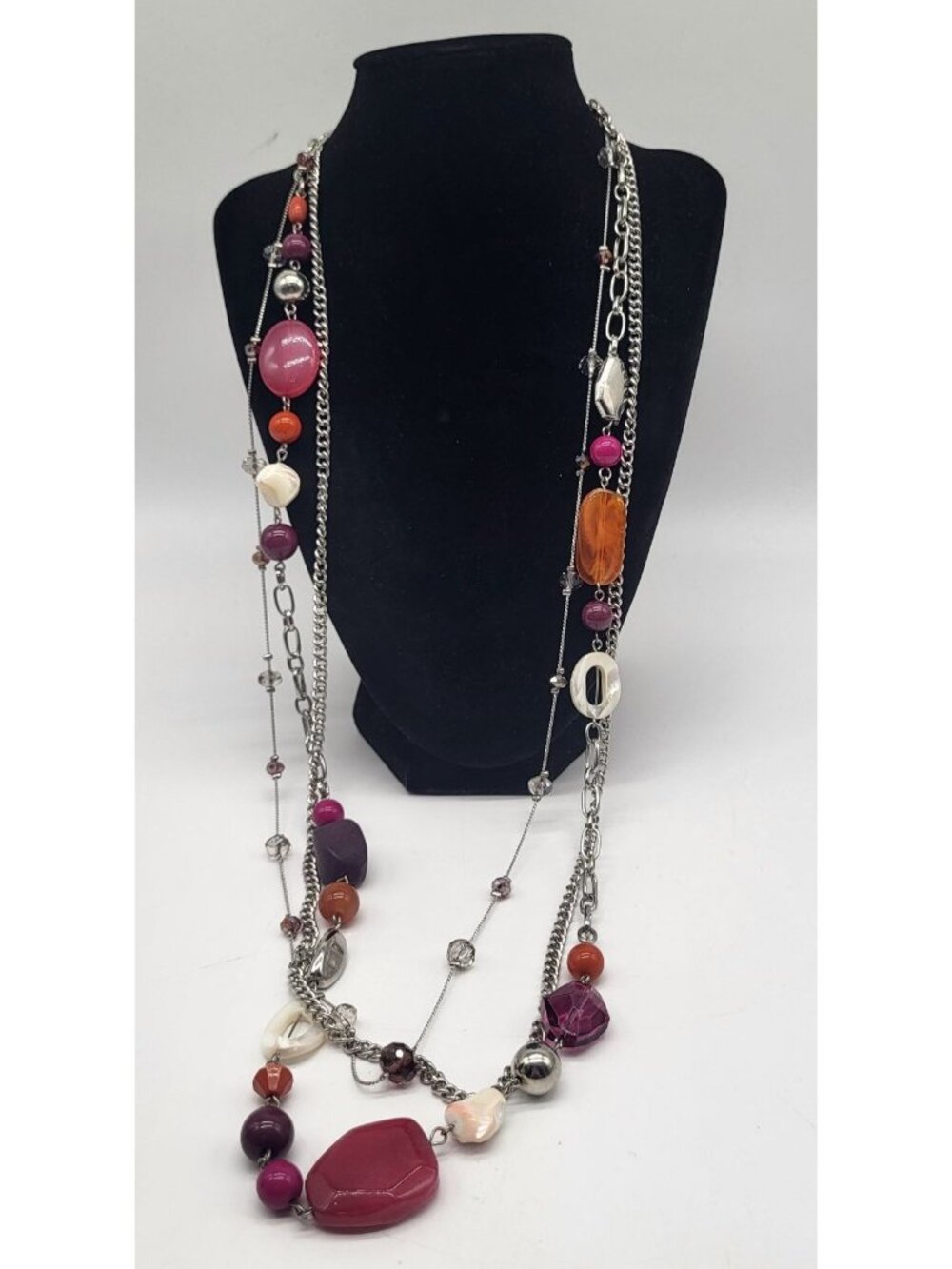 Silver Tone Multi Strand Long Statement Necklace Berry Colored Beads Boho Fall